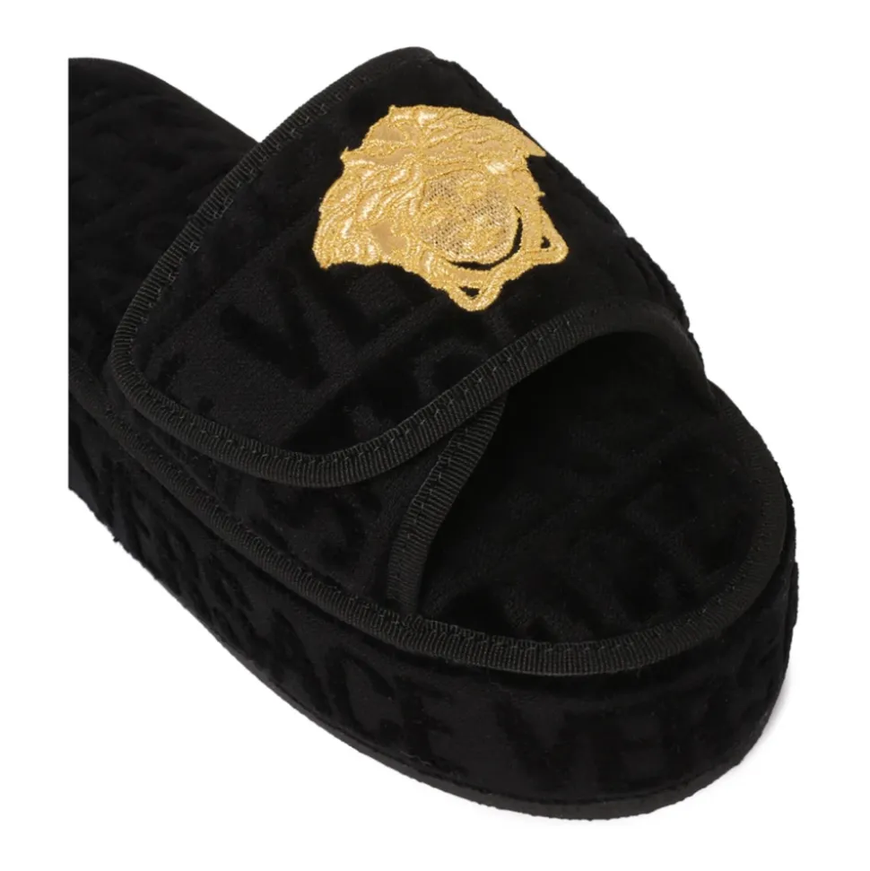 Black Baroque Slides with Medusa Emblem