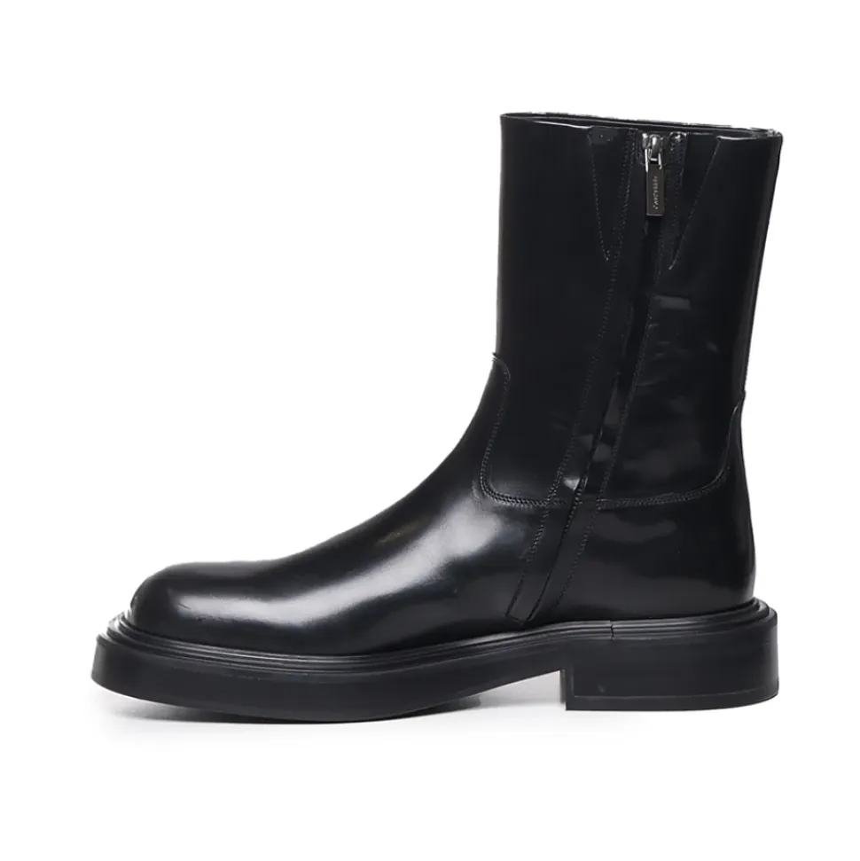 Black Calfskin Rubber Heel Boots