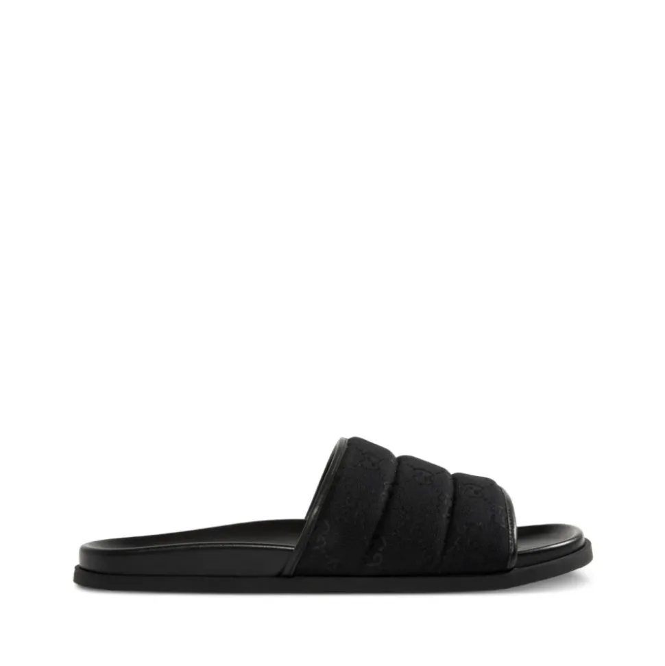 Black Canvas Open Toe Slide Sandals