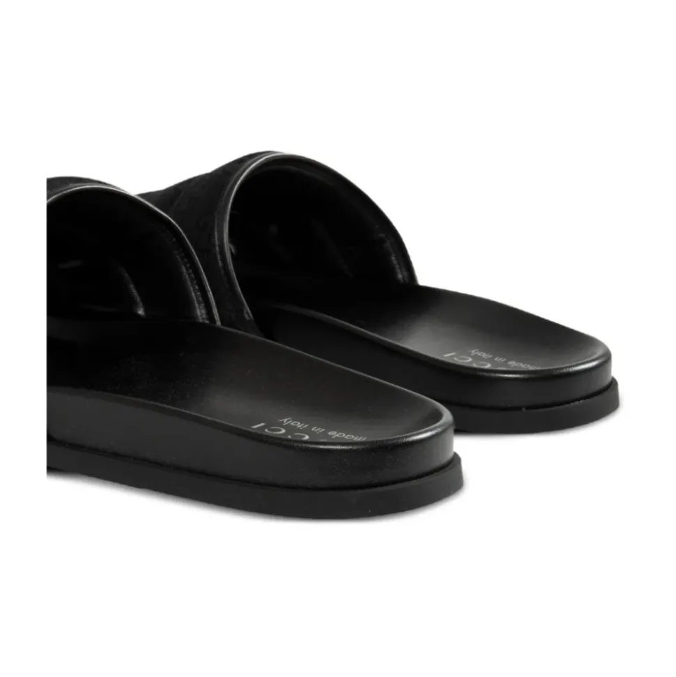 Black Canvas Open Toe Slide Sandals