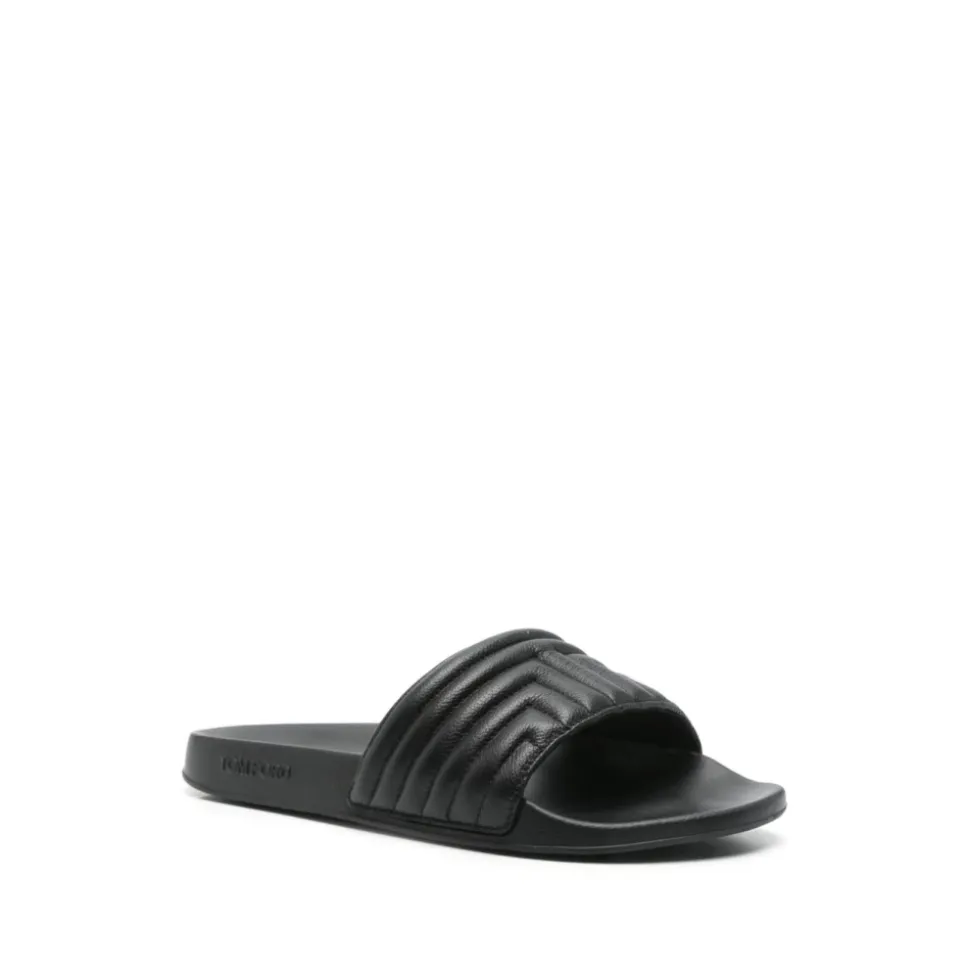 Black Embossed Logo Leather Sandals