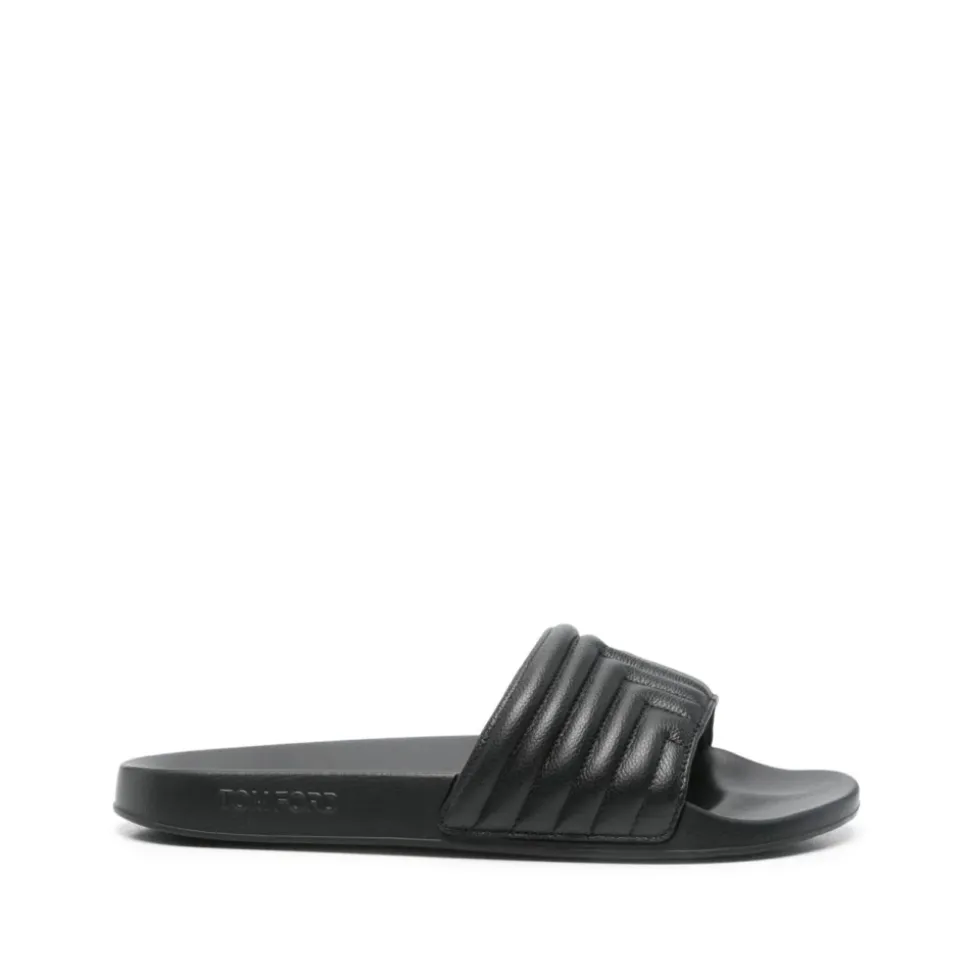 Black Embossed Logo Leather Sandals