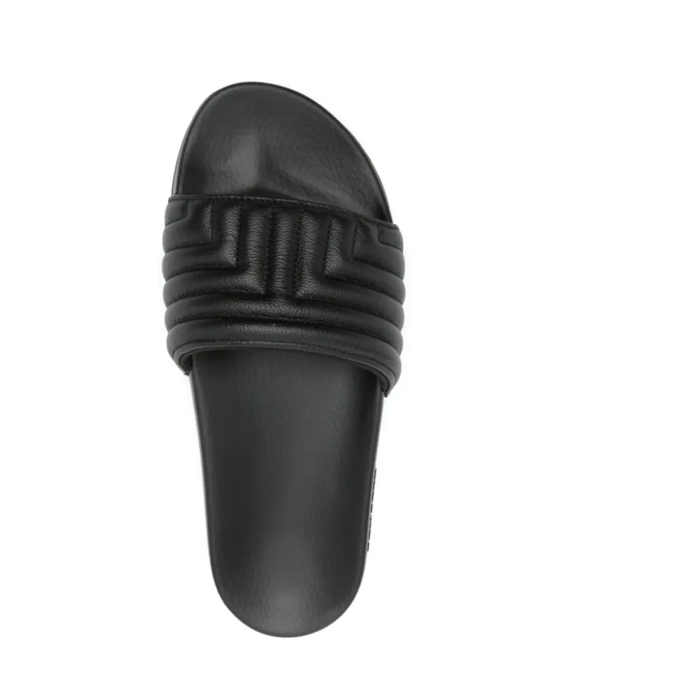 Black Embossed Logo Leather Sandals