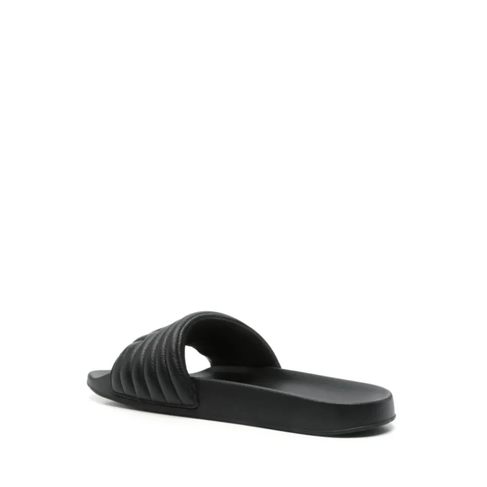 Black Embossed Logo Leather Sandals