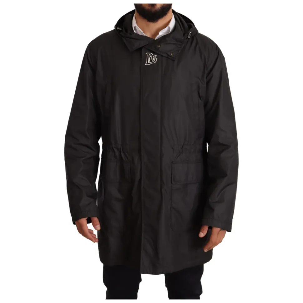 Black Hooded Mens Trench Coat Jacket