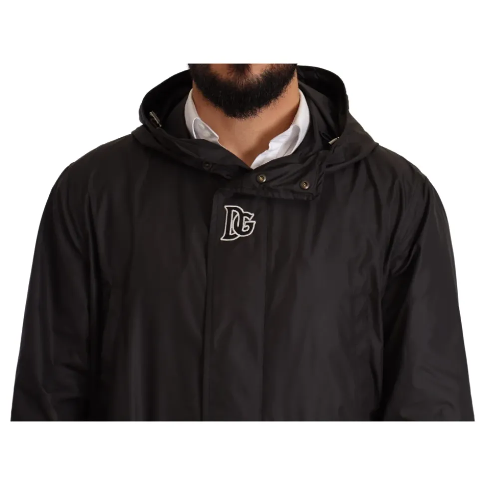 Black Hooded Mens Trench Coat Jacket