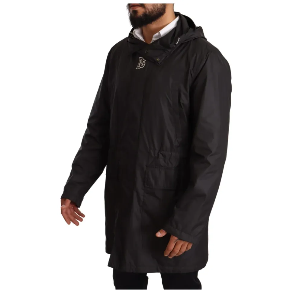 Black Hooded Mens Trench Coat Jacket