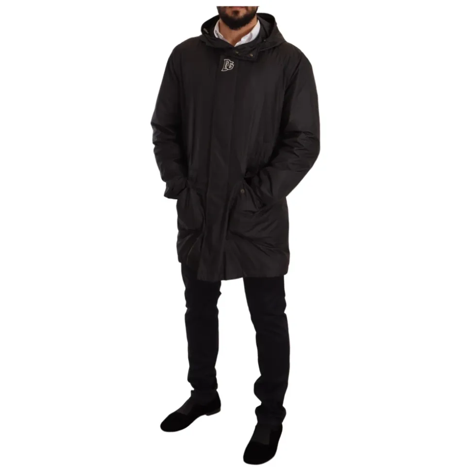 Black Hooded Mens Trench Coat Jacket