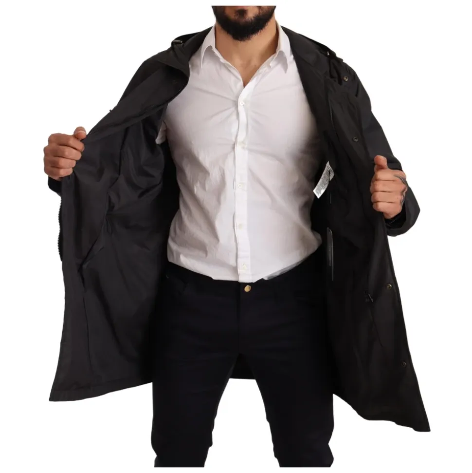 Black Hooded Mens Trench Coat Jacket