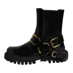 Black Leather Ankle Buckle Boots