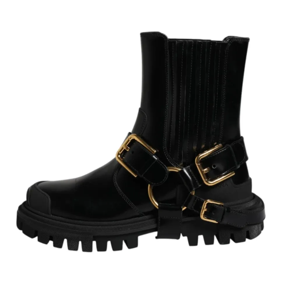 Black Leather Ankle Buckle Boots