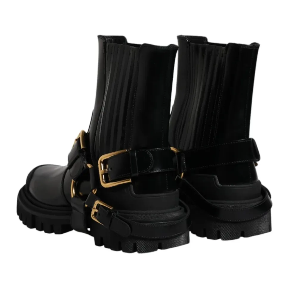 Black Leather Ankle Buckle Boots