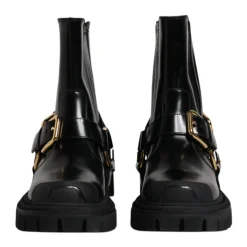 Black Leather Ankle Buckle Boots