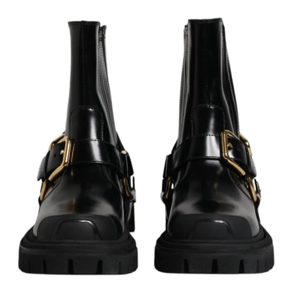 Black Leather Ankle Buckle Boots