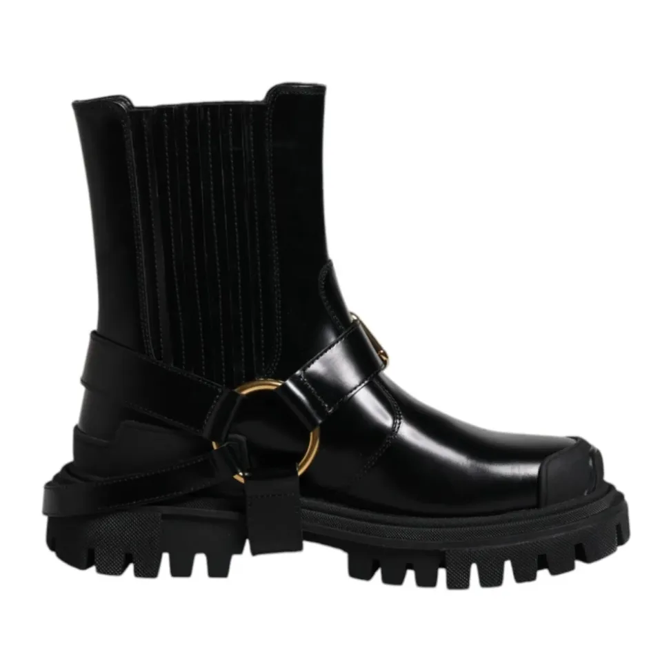 Black Leather Ankle Buckle Boots