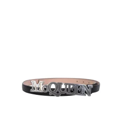 Black Leather Belt with Logo Plaque