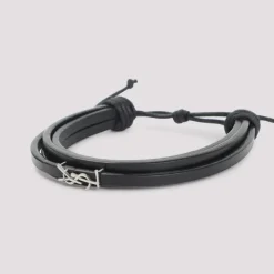 Black Leather Cassandre Logo Bracelet