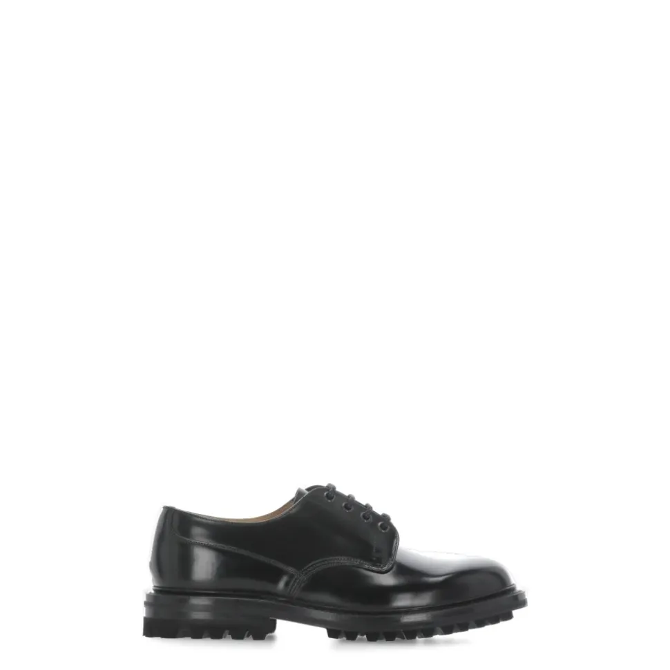 Black Leather Lace-Up Flat Shoes