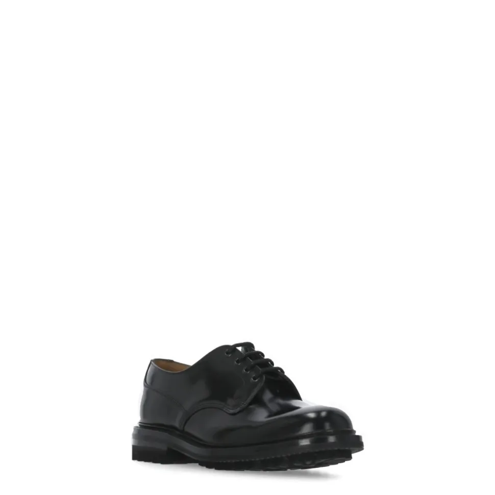 Black Leather Lace-Up Flat Shoes