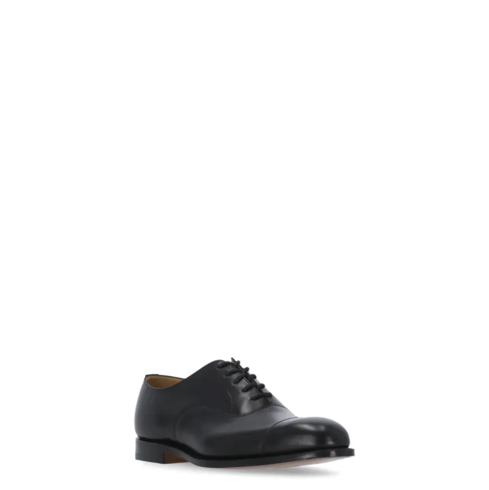 Black Leather Lace-up Flat Shoes