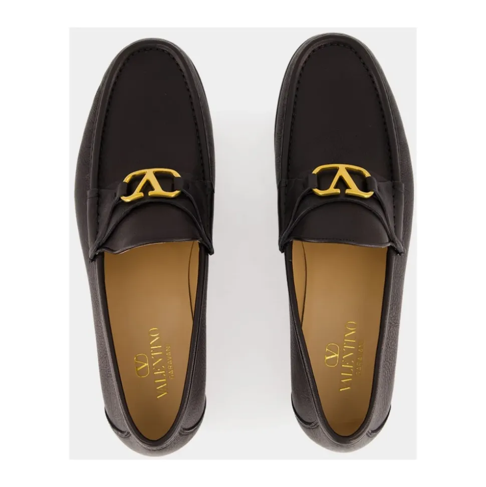 Black Leather Loafers with Brass Logo
