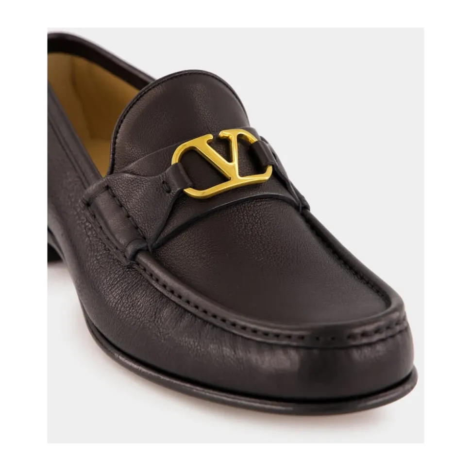 Black Leather Loafers with Brass Logo