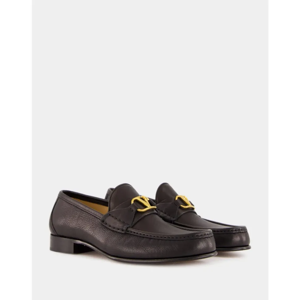 Black Leather Loafers with Brass Logo