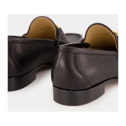 Black Leather Loafers with Brass Logo