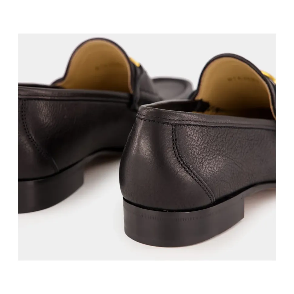 Black Leather Loafers with Brass Logo