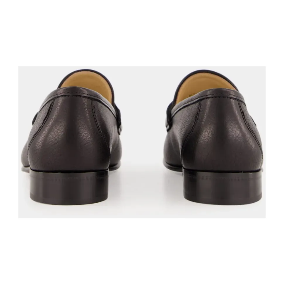 Black Leather Loafers with Brass Logo