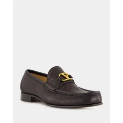 Black Leather Loafers with Brass Logo