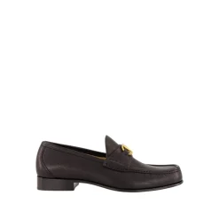 Black Leather Loafers with Brass Logo