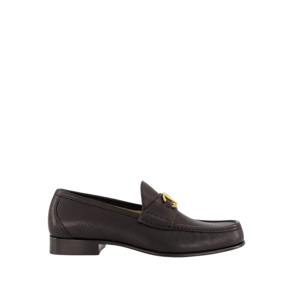 Black Leather Loafers with Brass Logo