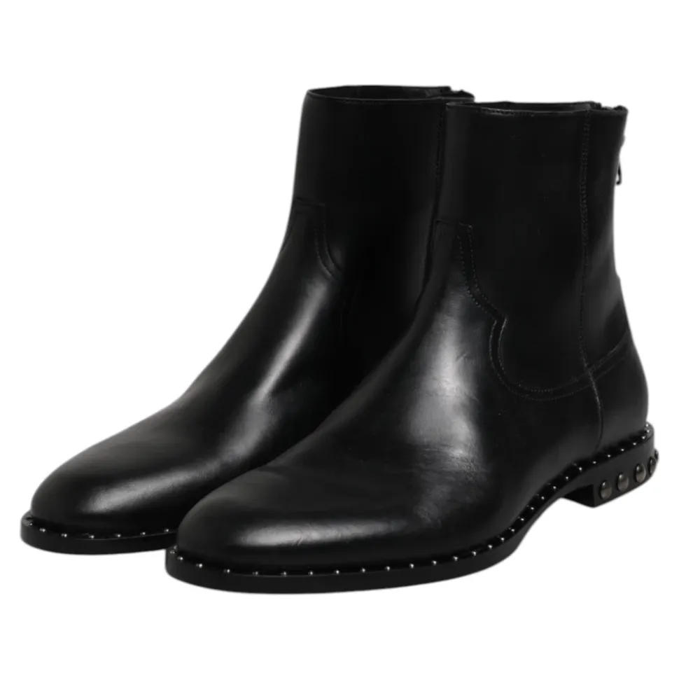 Black Leather Logo Ankle Boots Studded