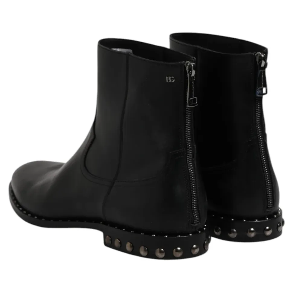 Black Leather Logo Ankle Boots Studded