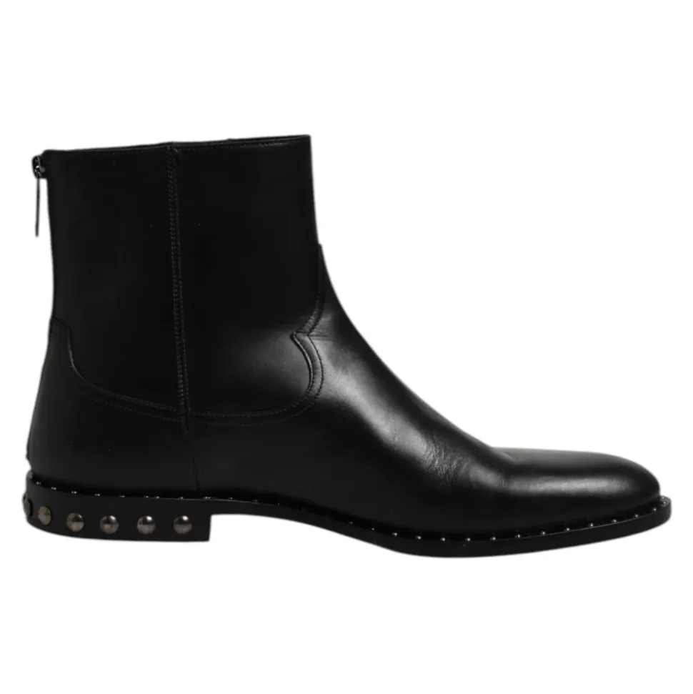 Black Leather Logo Ankle Boots Studded