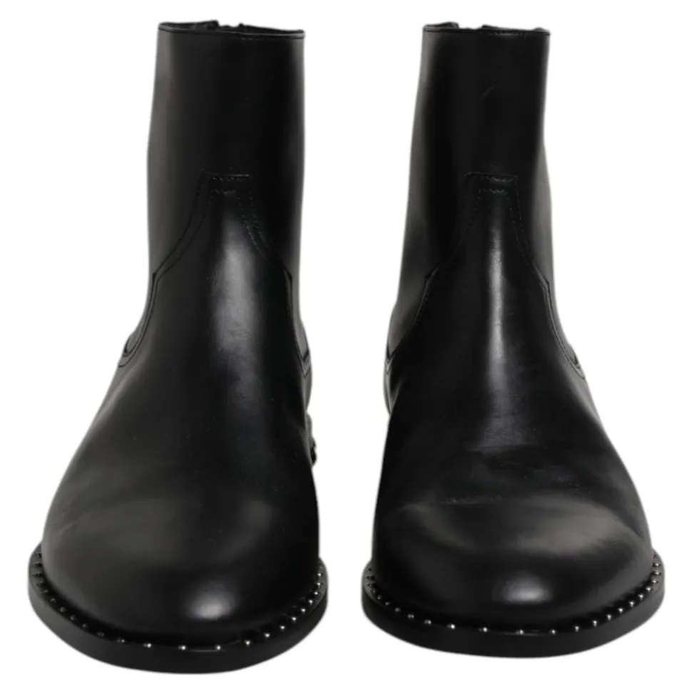 Black Leather Logo Ankle Boots Studded