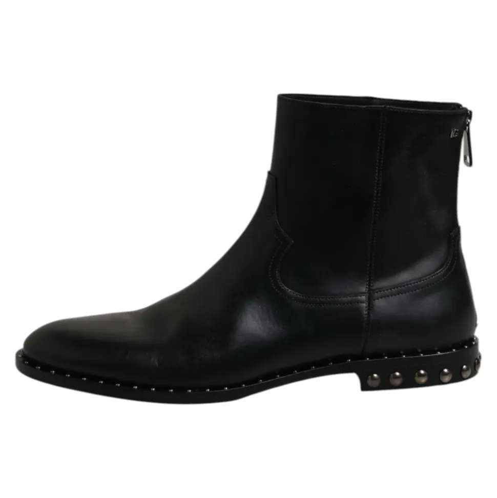Black Leather Logo Ankle Boots Studded