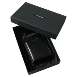 Black Leather Logo Wallet with Strap