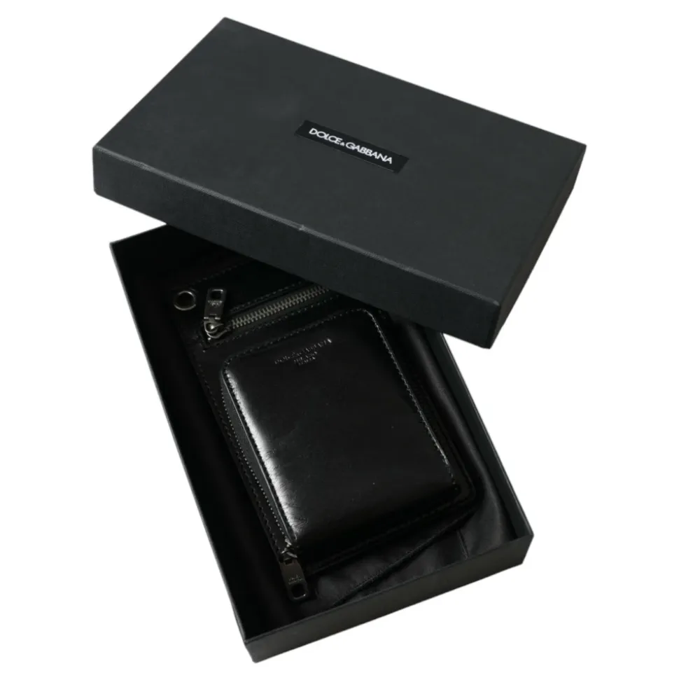 Black Leather Logo Wallet with Strap