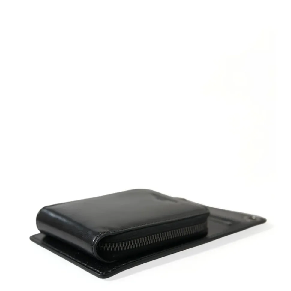 Black Leather Logo Wallet with Strap