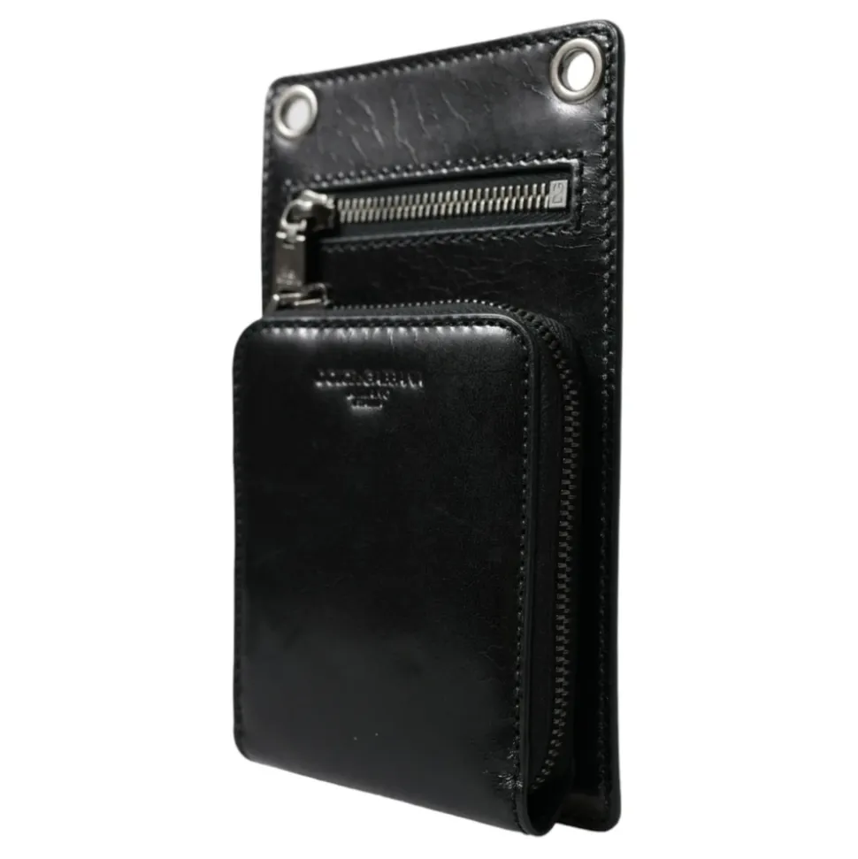 Black Leather Logo Wallet with Strap