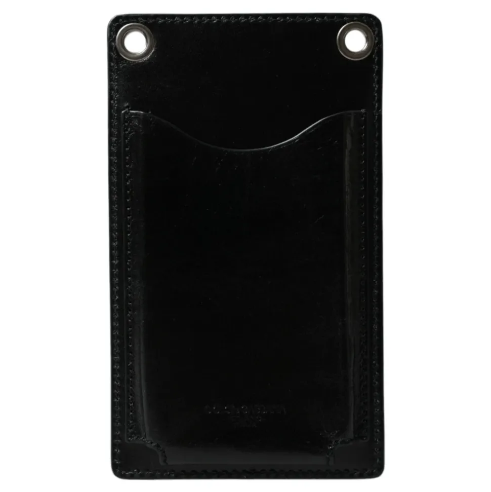 Black Leather Logo Wallet with Strap