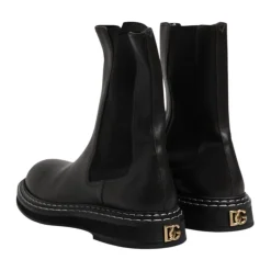 Black Leather Mid Calf Boots with Logo