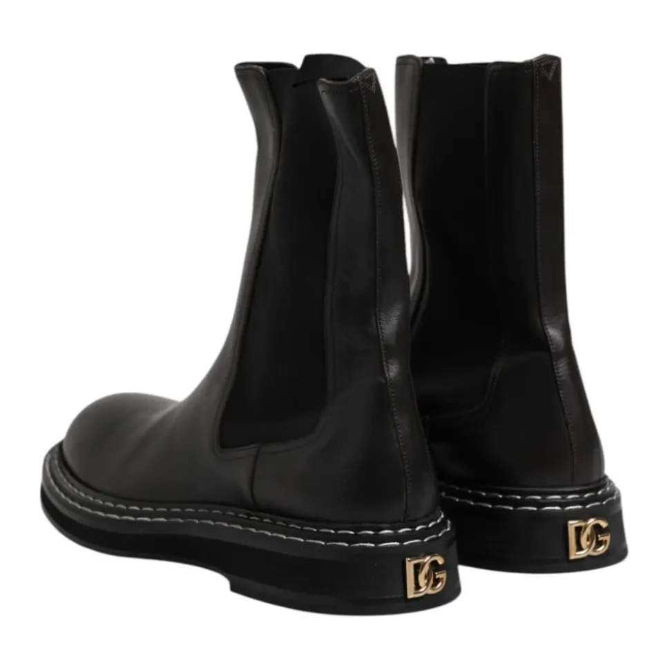 Black Leather Mid Calf Boots with Logo
