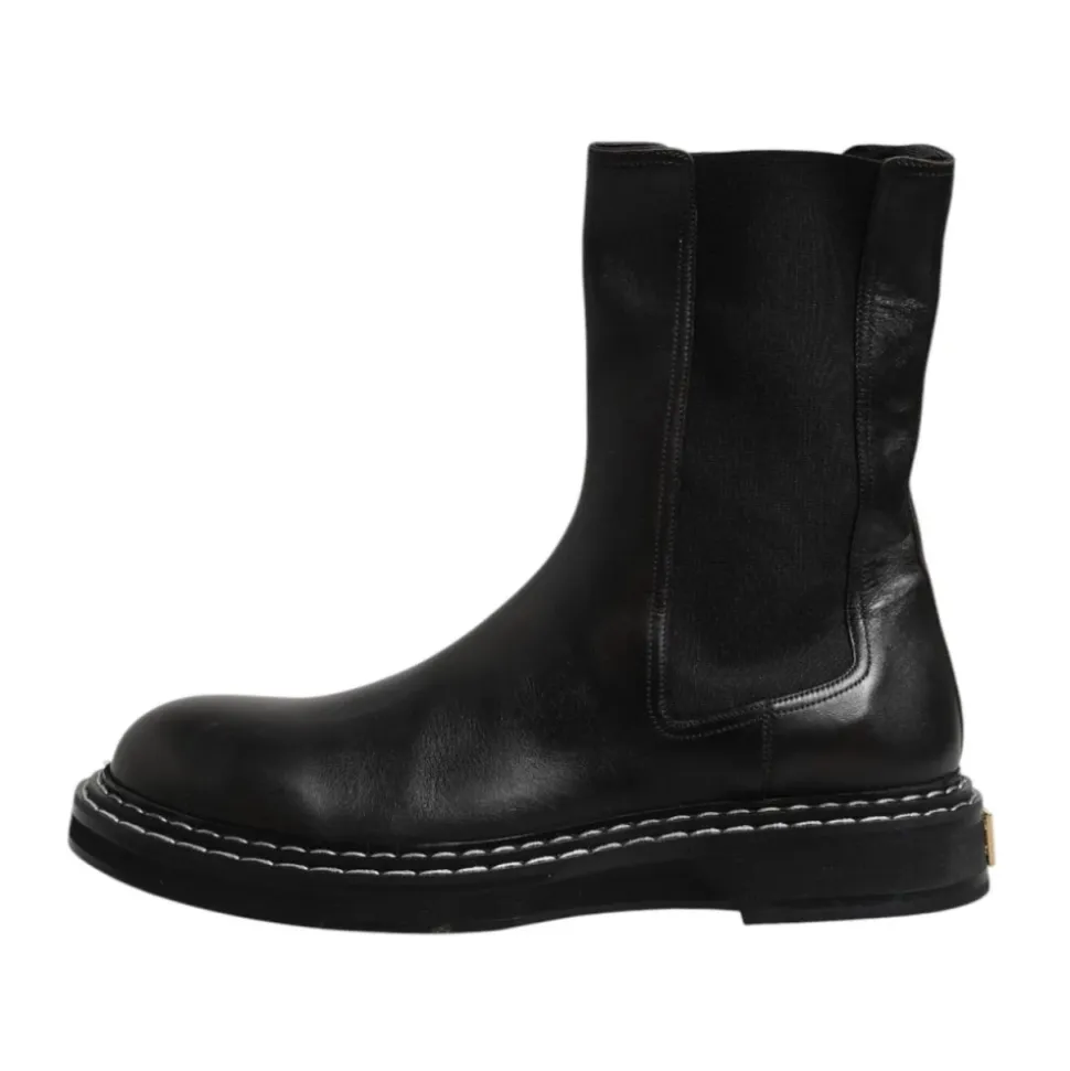 Black Leather Mid Calf Boots with Logo