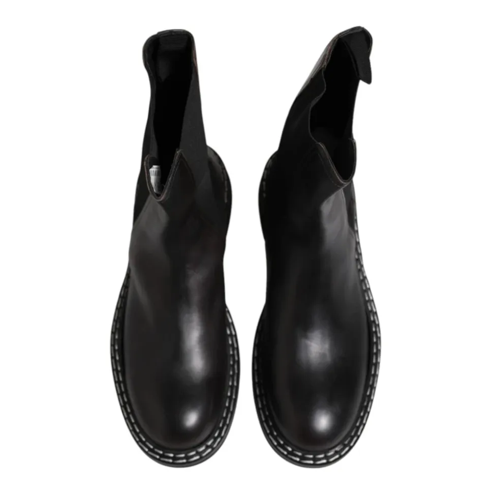 Black Leather Mid Calf Boots with Logo