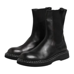 Black Leather Mid Calf Boots with Logo
