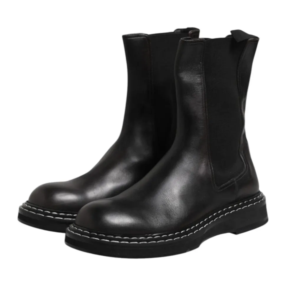 Black Leather Mid Calf Boots with Logo