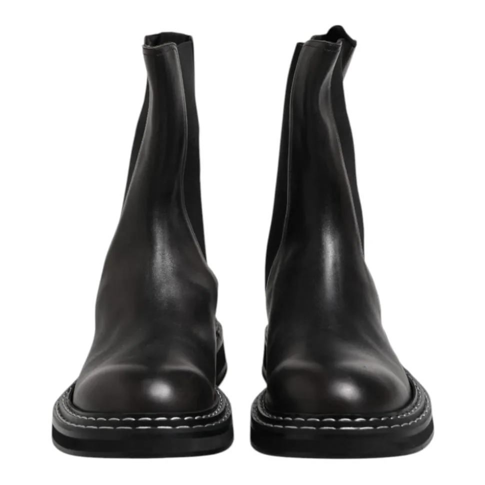 Black Leather Mid Calf Boots with Logo
